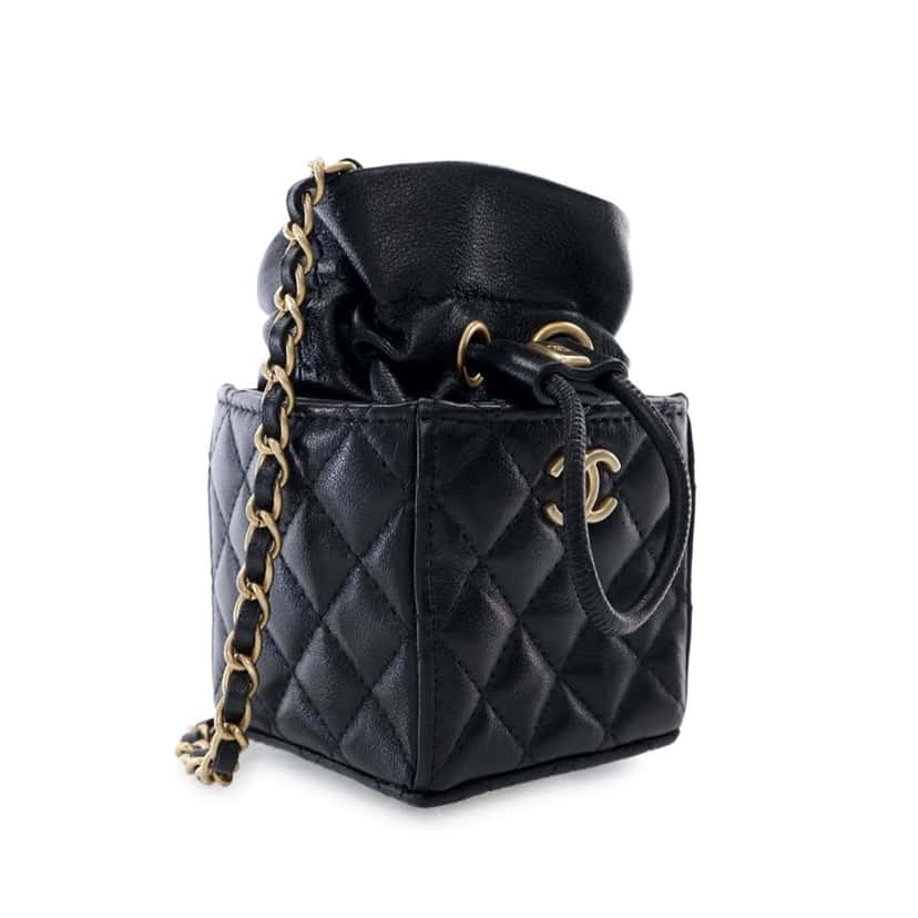 Chanel Mini Quilted Calfskin Drawstring Bucket Bag Black Leather Good condition - Inside View