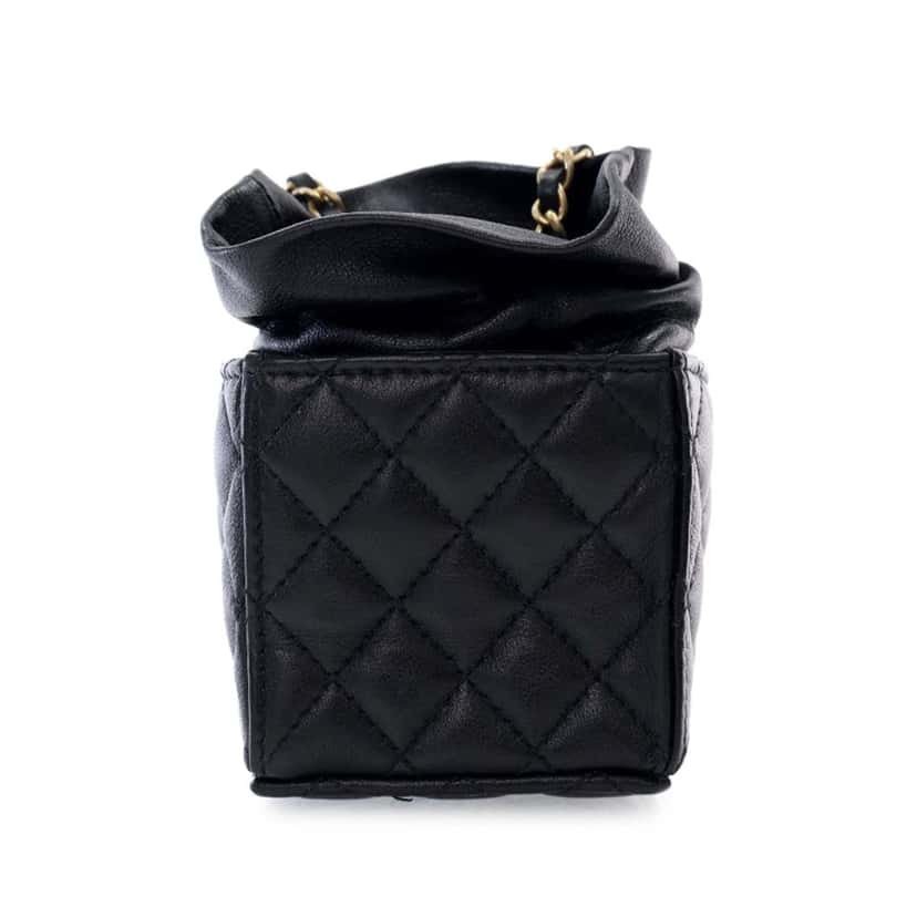 Chanel Mini Quilted Calfskin Drawstring Bucket Bag Black Leather Good condition - Model View