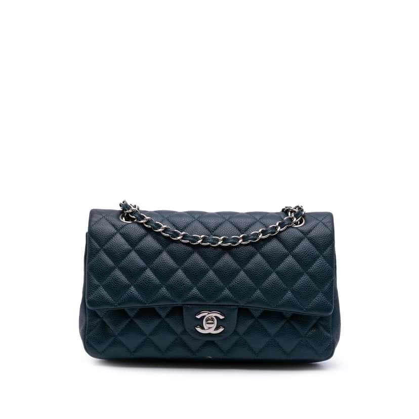 Chanel Medium Classic Caviar Double Flap Blue Leather Good condition - Front View