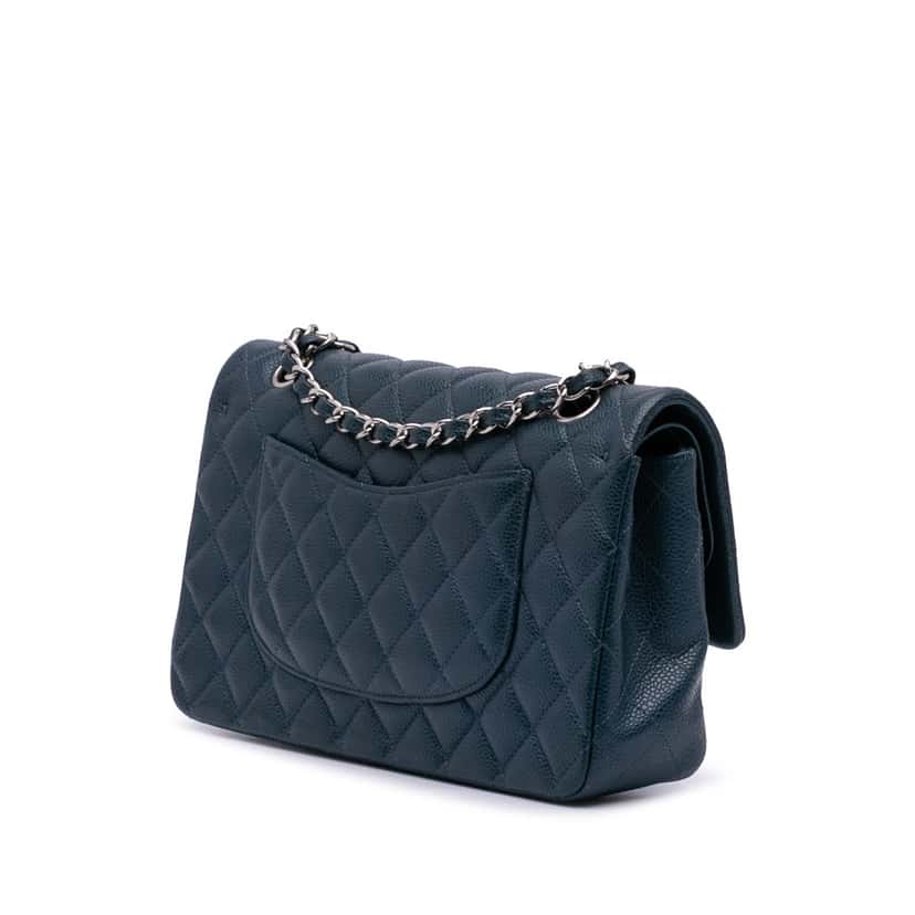 Chanel Medium Classic Caviar Double Flap Blue Leather Good condition - Back View