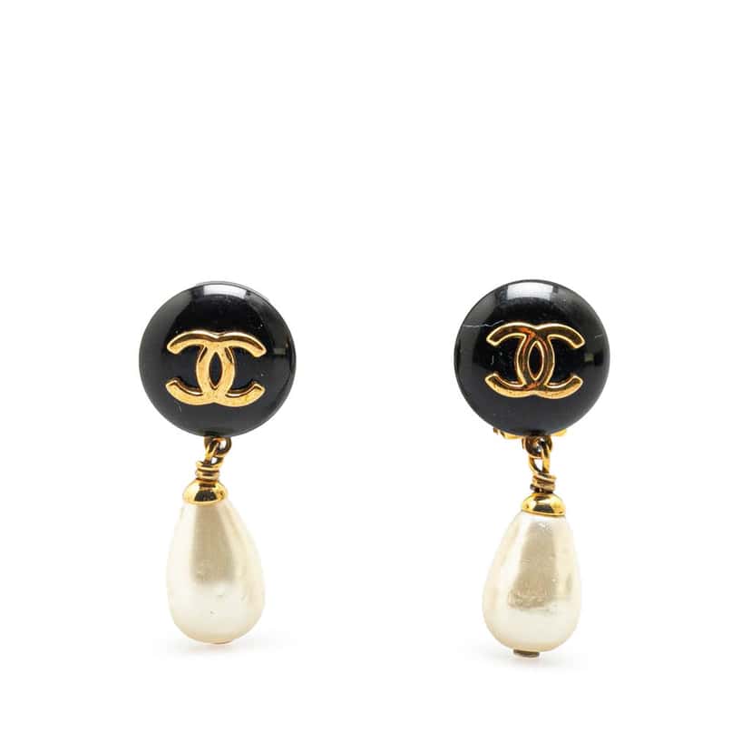 Chanel Gold Plated Faux Pearl CC Drop Clip On Earrings Gold Metal Good condition - Front View