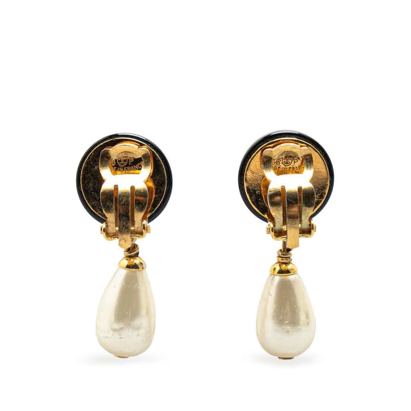 Chanel Gold Plated Faux Pearl CC Drop Clip On Earrings Gold Metal Good condition - Back View