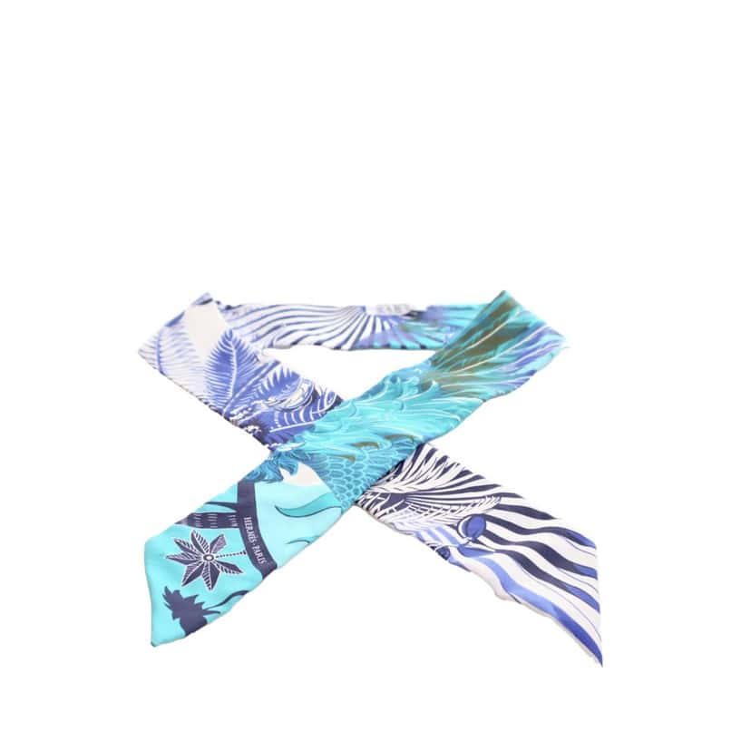 Hermès Mysthiques Phoenix Coloriage Silk Twilly Scarf Blue Silk Good condition - Back View
