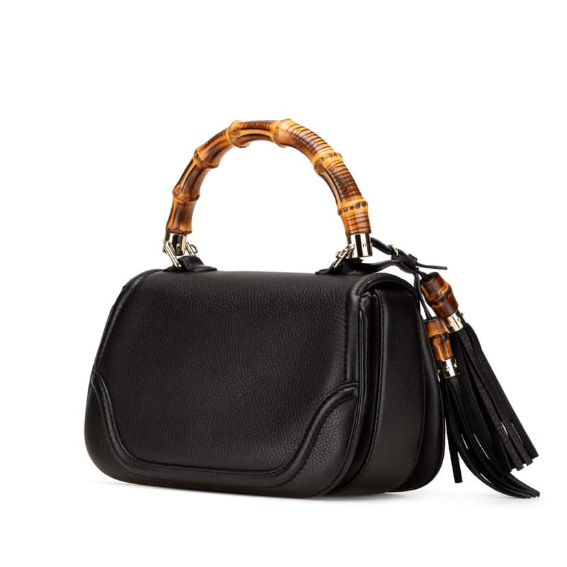 Gucci Medium Calfskin Bamboo Top Handle Bag Black Leather Good condition - Back View