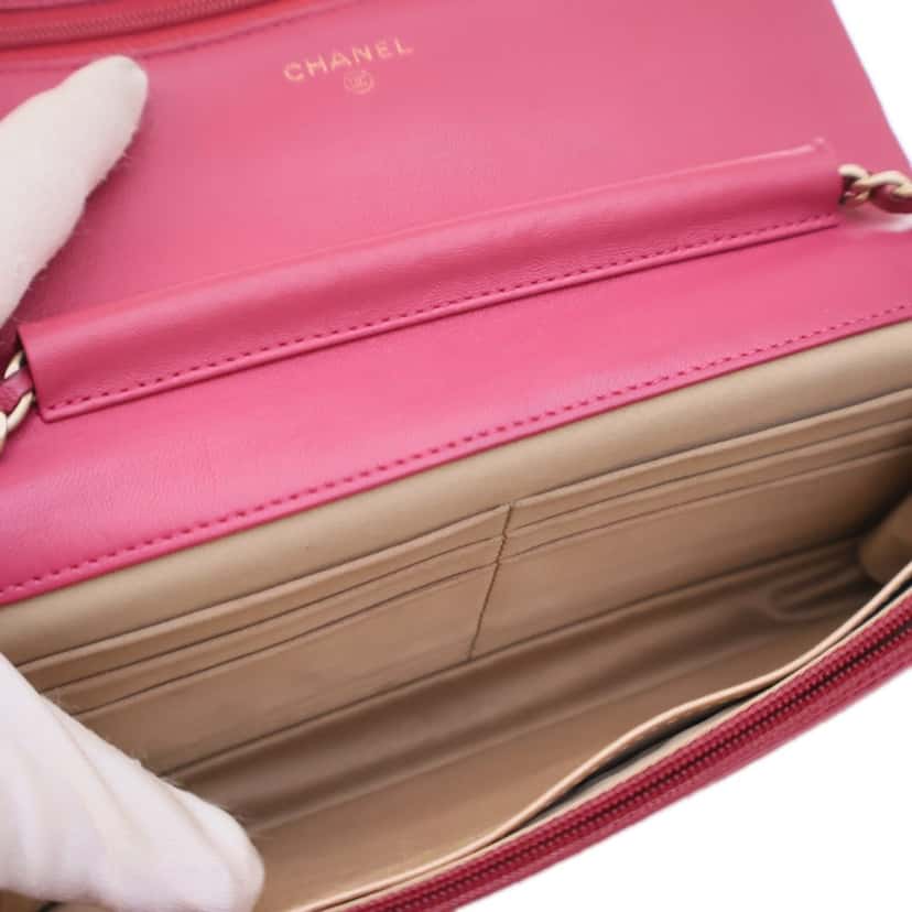 Chanel Embossed Lambskin Camellia Wallet On Chain Pink Leather Good condition - Model View