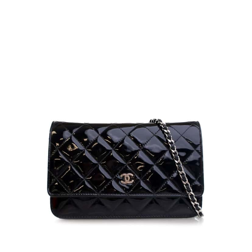 Chanel CC Quilted Patent Wallet On Chain Black Leather Good condition - Front View