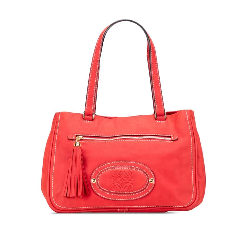 Loewe Nubuck Anagram Madrid Fringe Shoulder Bag Red Leather Very good condition - Front View