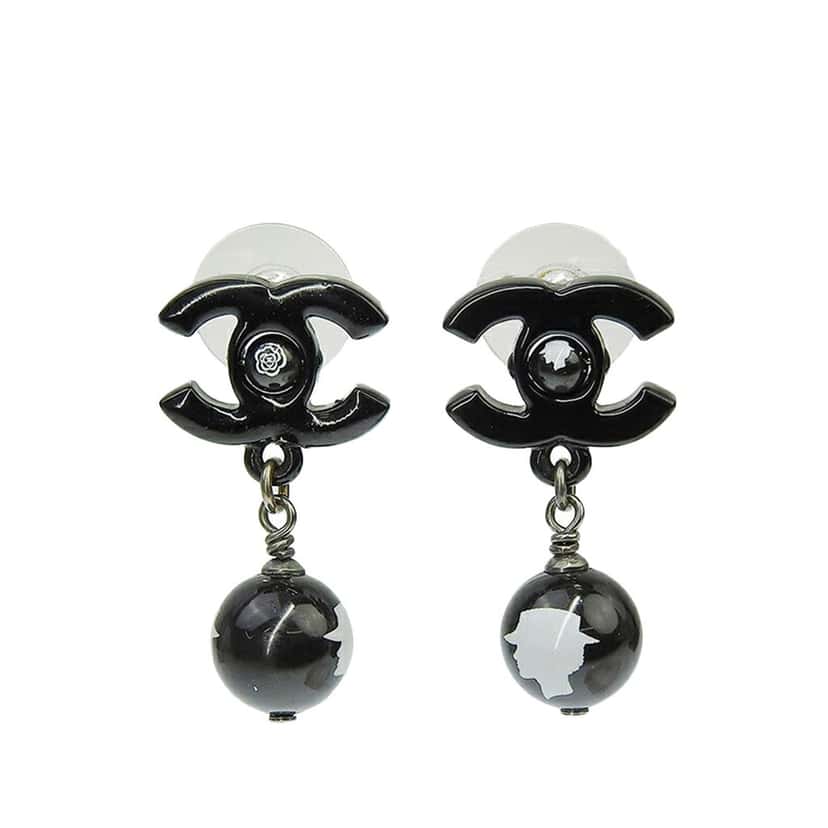 Chanel CC Plastic Drop Push Back Earrings Black Good condition - Front View