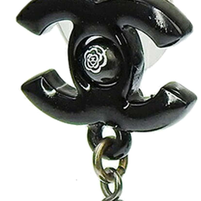 Chanel CC Plastic Drop Push Back Earrings Black Good condition - Back View