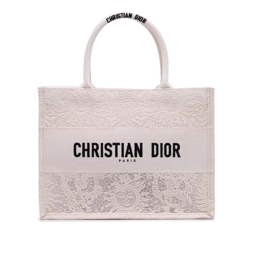 Dior Medium Canvas D Lace Sun Embroidery Book Tote White Canvas Good condition - Front View
