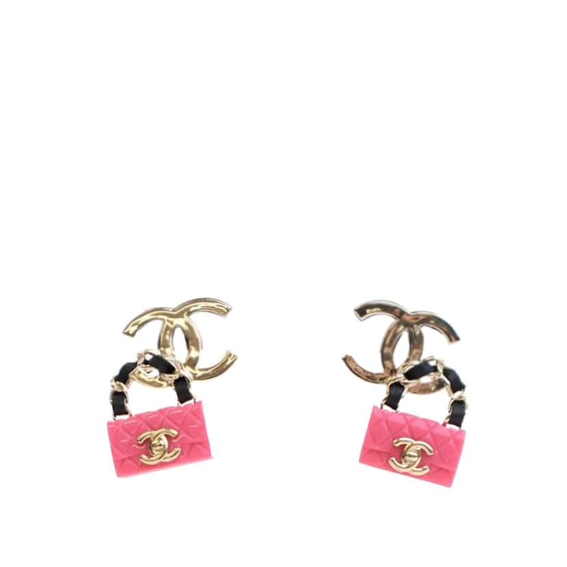 Chanel Gold Plated Calfskin Resin CC Handbag Push Back Earrings Gold Metal Good condition - Front View