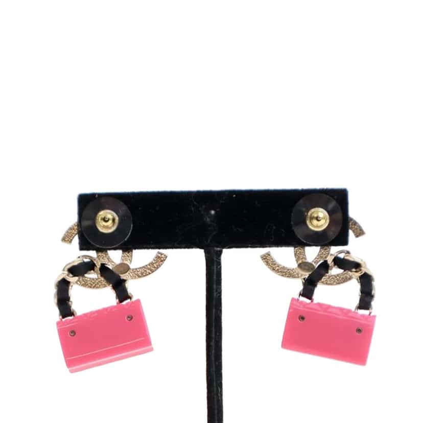 Chanel Gold Plated Calfskin Resin CC Handbag Push Back Earrings Gold Metal Good condition - Back View
