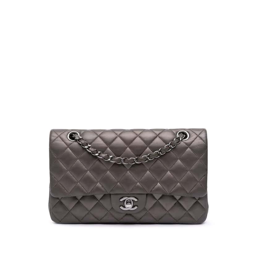 Chanel Medium Classic Lambskin Double Flap Grey Leather Good condition - Front View