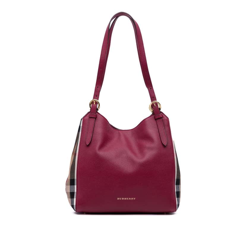Burberry Grained Calfskin and House Check Canvas Canterbury Tote Purple Leather Good condition - Front View