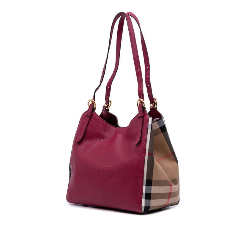Burberry Grained Calfskin and House Check Canvas Canterbury Tote Purple Leather Good condition - Back View
