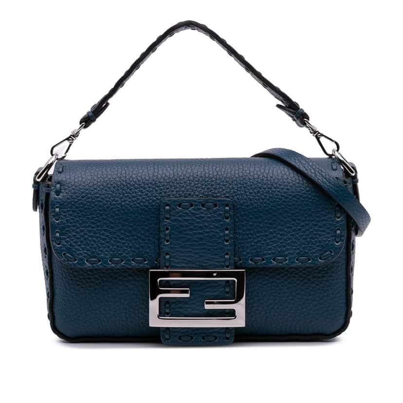 Fendi Mini Leather Selleria Baguette Satchel Blue Leather Good condition - Front View