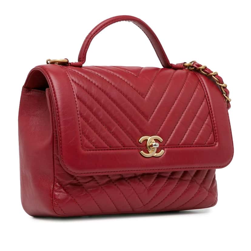 Chanel CC Chevron Calfskin Top Handle Flap Red Leather Good condition - Back View