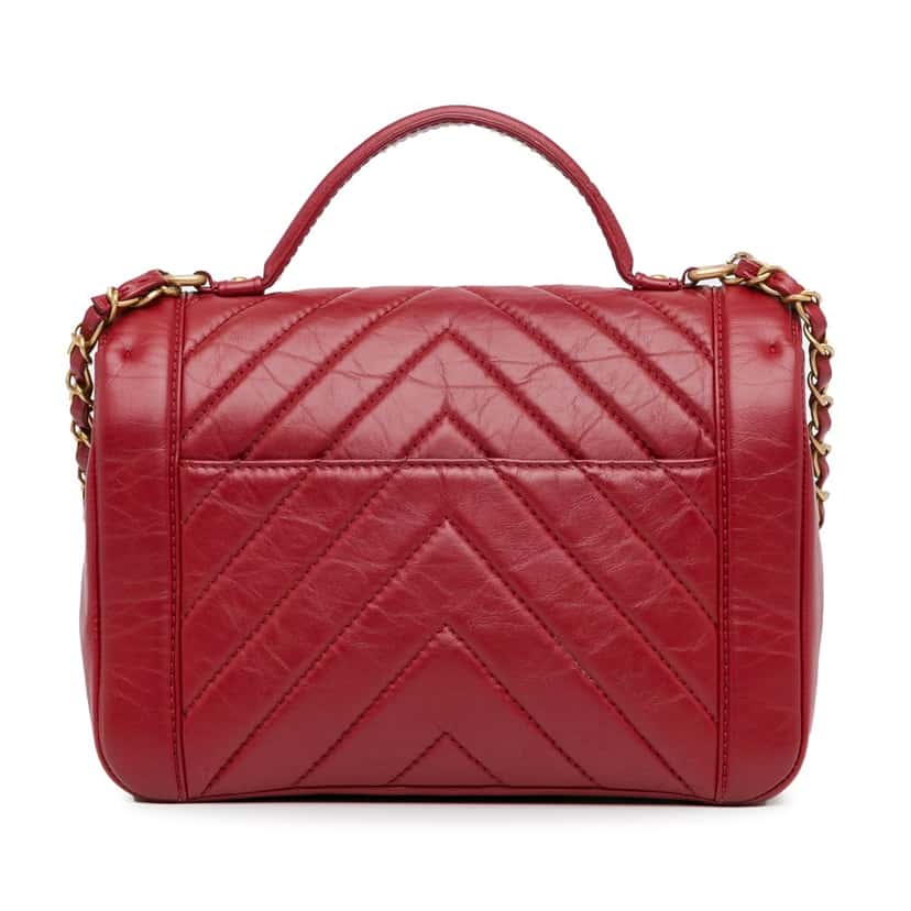 Chanel CC Chevron Calfskin Top Handle Flap Red Leather Good condition - Inside View