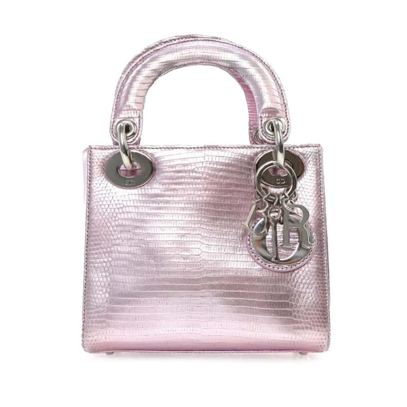 Dior Mini Metallic Lizard Leather Lady Dior Pink Leather Good condition - Front View