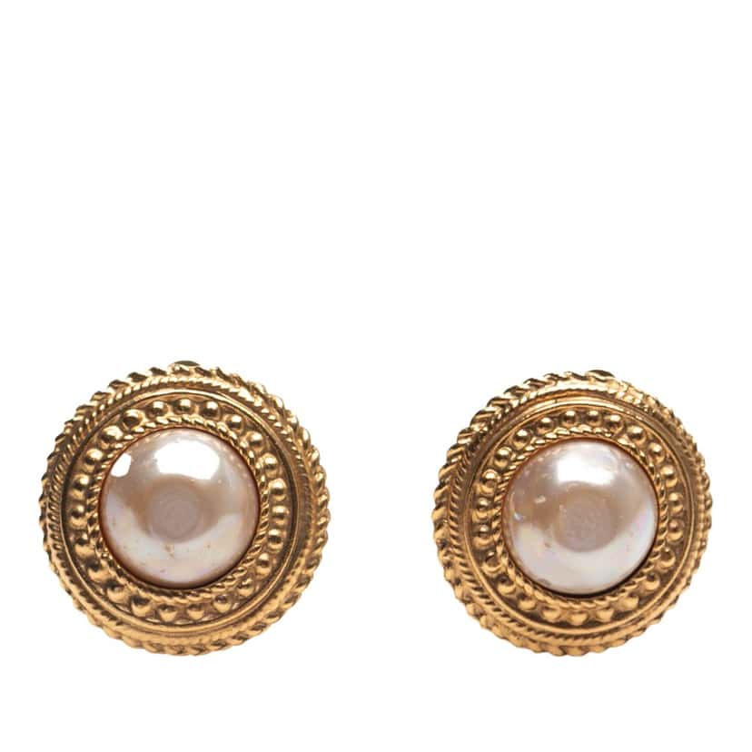Chanel Gold Plated Faux Pearl Round Clip on Earrings Gold Metal Good condition - Front View