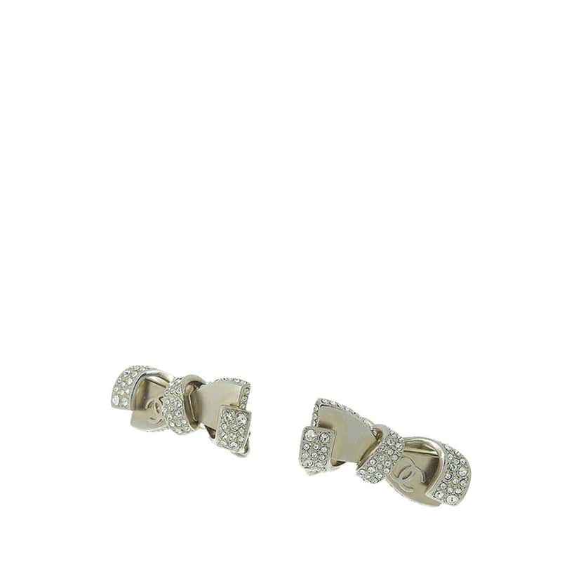 Chanel Silver Rhinestones Ribbon Clip on Earrings Silver Silver Good condition - Front View