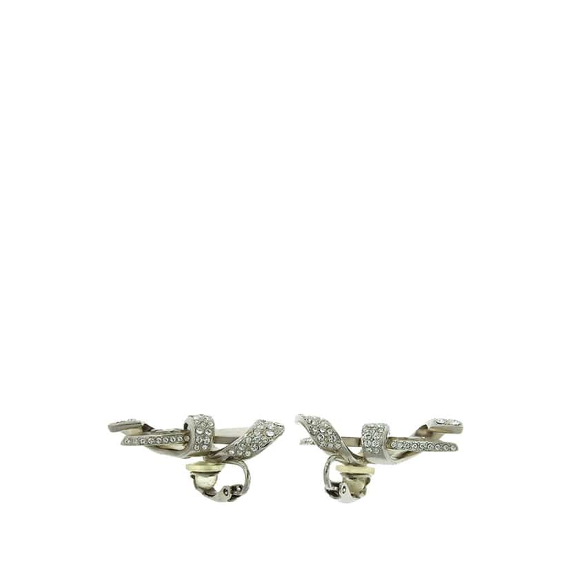 Chanel Silver Rhinestones Ribbon Clip on Earrings Silver Silver Good condition - Inside View