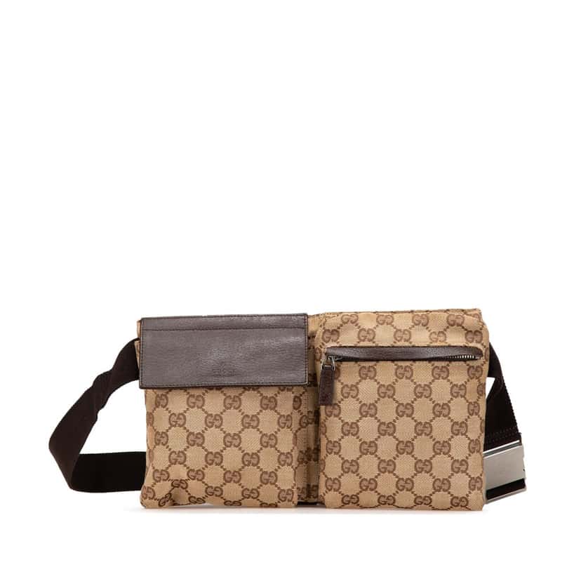 Gucci GG Canvas Double Pocket Belt Bag Brown Canvas Good condition - Front View