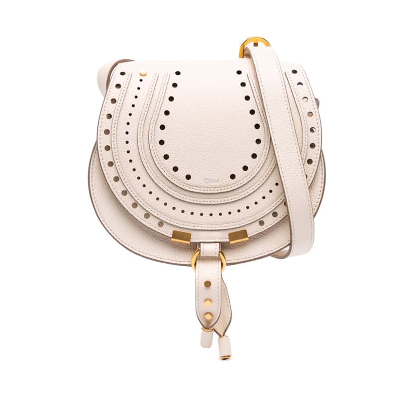 Chloé Small Perforated Grained Calfskin Marcie Saddle Crossbody White Leather Good condition - Front View