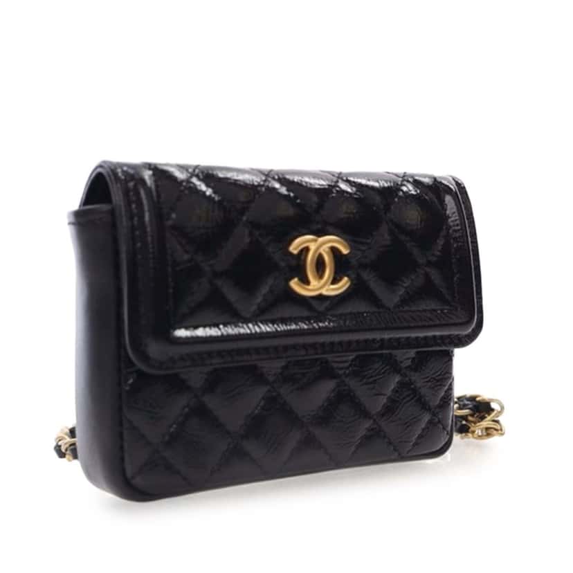Chanel Mini Quilted Aged Calfskin Card Holder On Chain Belt Bag Black Leather Good condition - Back View