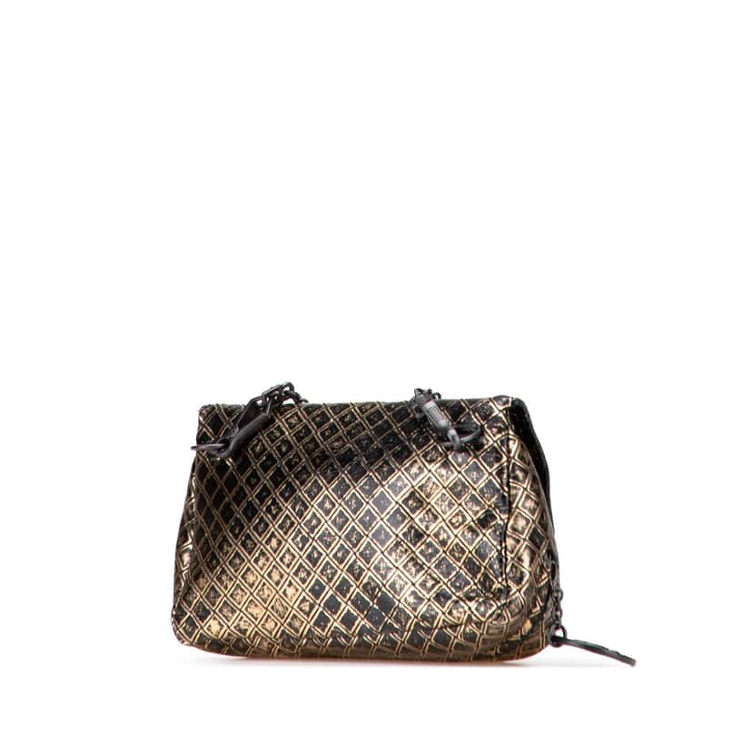 Bottega Veneta Metallic Calfskin Intrecciomirage Chain Flap Crossbody Gold Leather Good condition - Back View