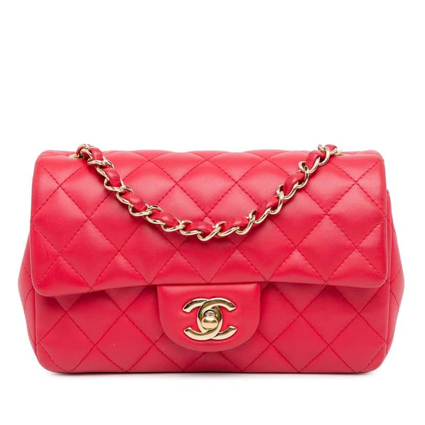 Chanel Mini Rectangular Classic Lambskin Single Flap Red Leather Good condition - Front View