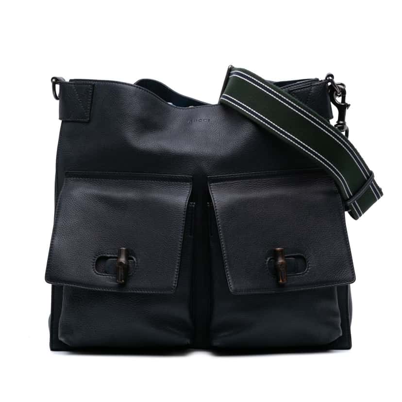 Gucci Large Leather Bamboo Double Pocket Messenger Bag Black Leather Good condition - Front View