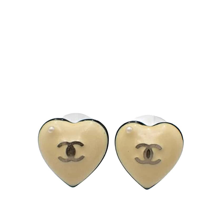 Chanel Resin CC Heart Push Back Earrings White Good condition - Front View