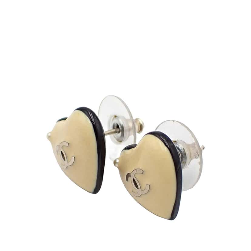 Chanel Resin CC Heart Push Back Earrings White Good condition - Back View
