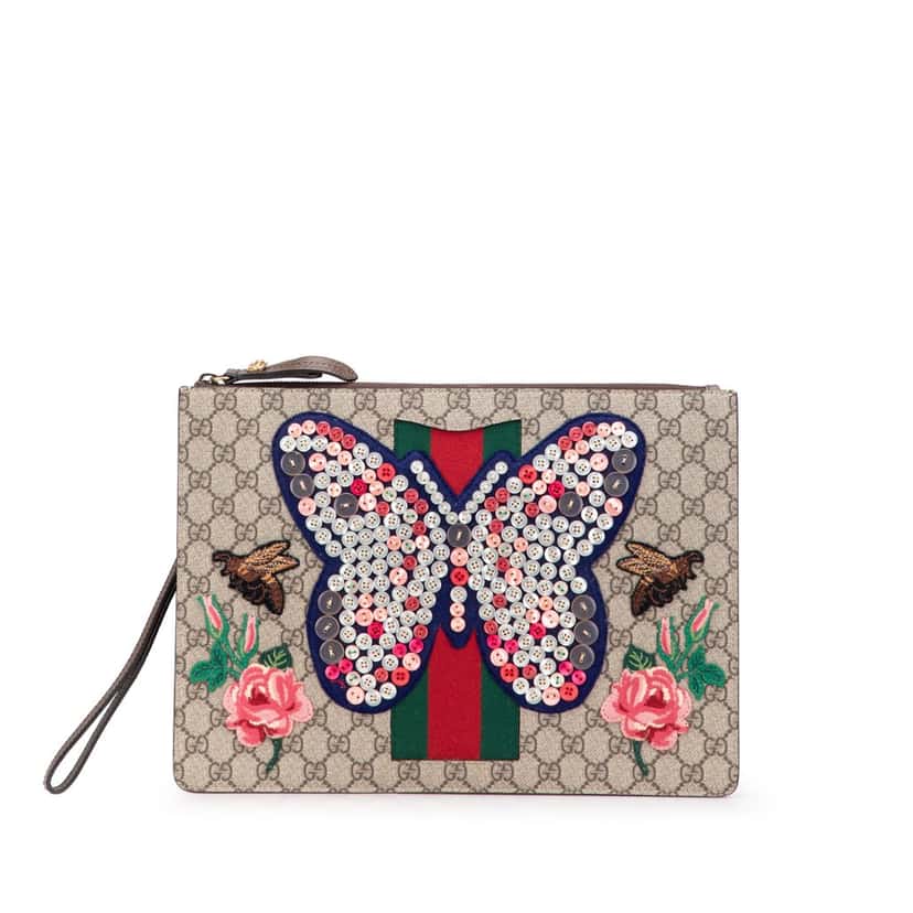 Gucci GG Supreme Web Butterfly Clutch Brown Canvas Very good condition - Front View