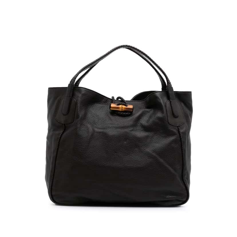 Gucci Large Pebbled Deerskin Bamboo Hip Tote Brown Leather Good condition - Front View
