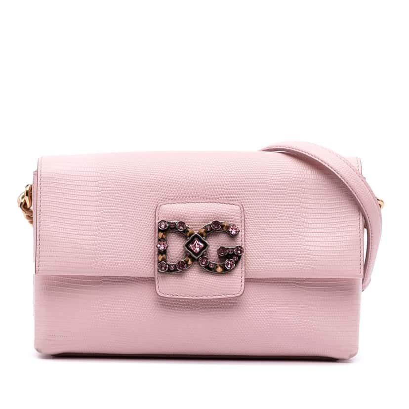 Dolce & Gabbana Iguana Embossed Calfskin Crystal Embellished DG Millennials Crossbody Pink Leather Good condition - Front View
