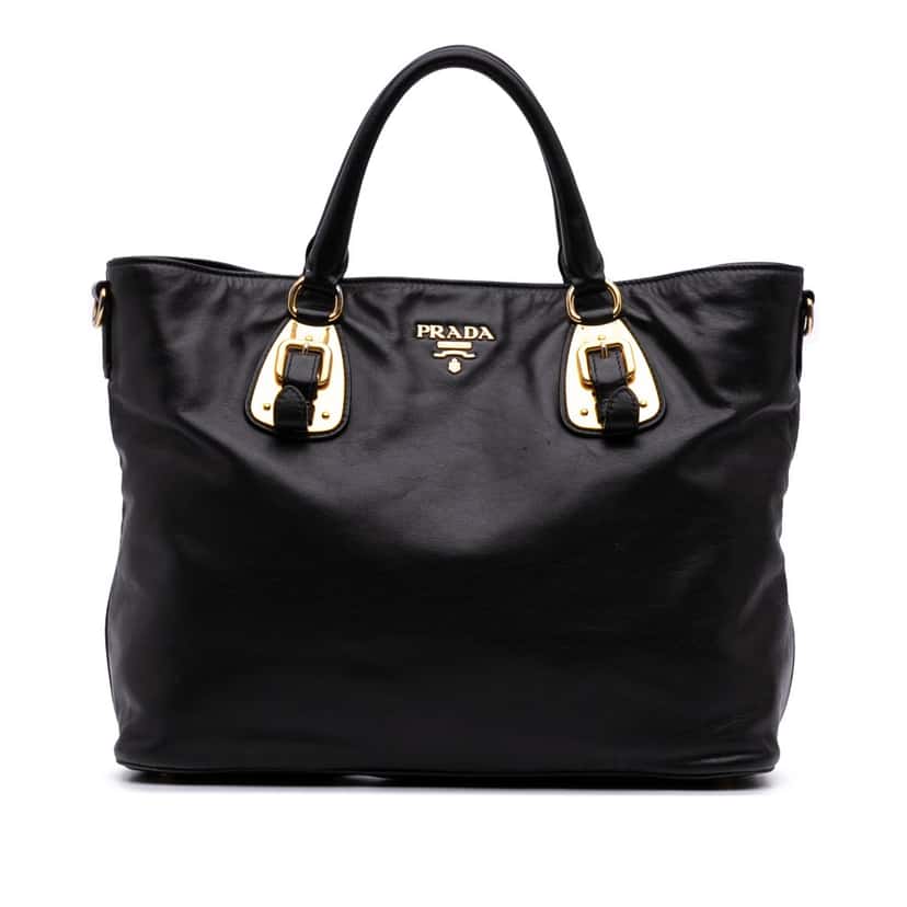 Prada Soft Calf Open Convertible Shopping Tote Black Leather Good condition - Front View
