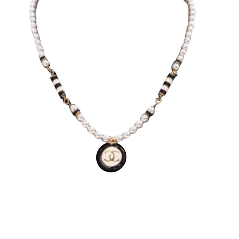 Chanel Gold Plated Faux Pearl CC Pendant Necklace Gold Metal Good condition - Front View