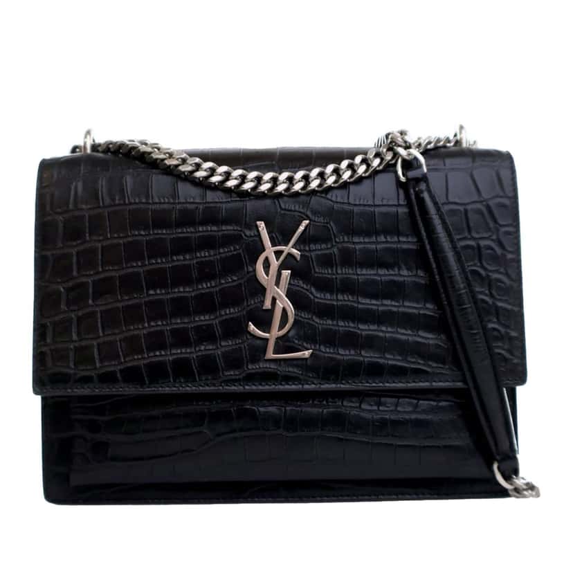Saint Laurent Medium Croc Embossed Calfskin Sunset Flap Crossbody Blue Leather Good condition - Front View