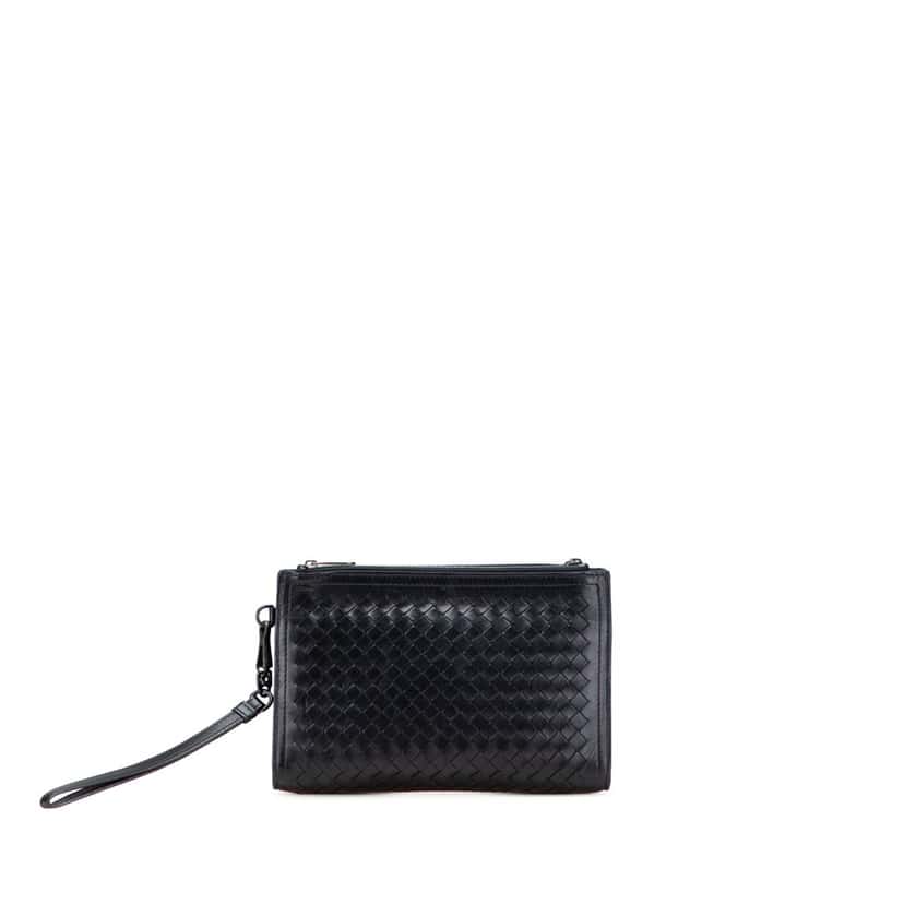 Bottega Veneta Nappa Intrecciato Double Zip Clutch Black Leather Good condition - Front View