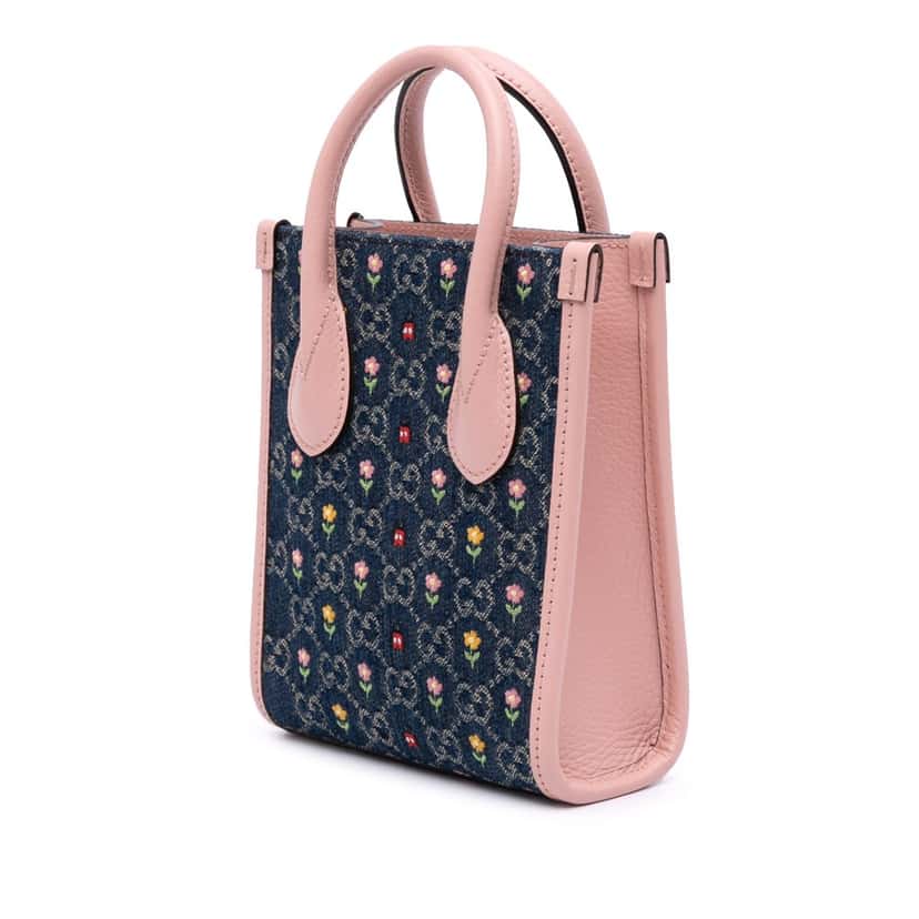 Gucci Mini GG Denim Interlocking G Flowers Tote Blue Denim Good condition - Back View