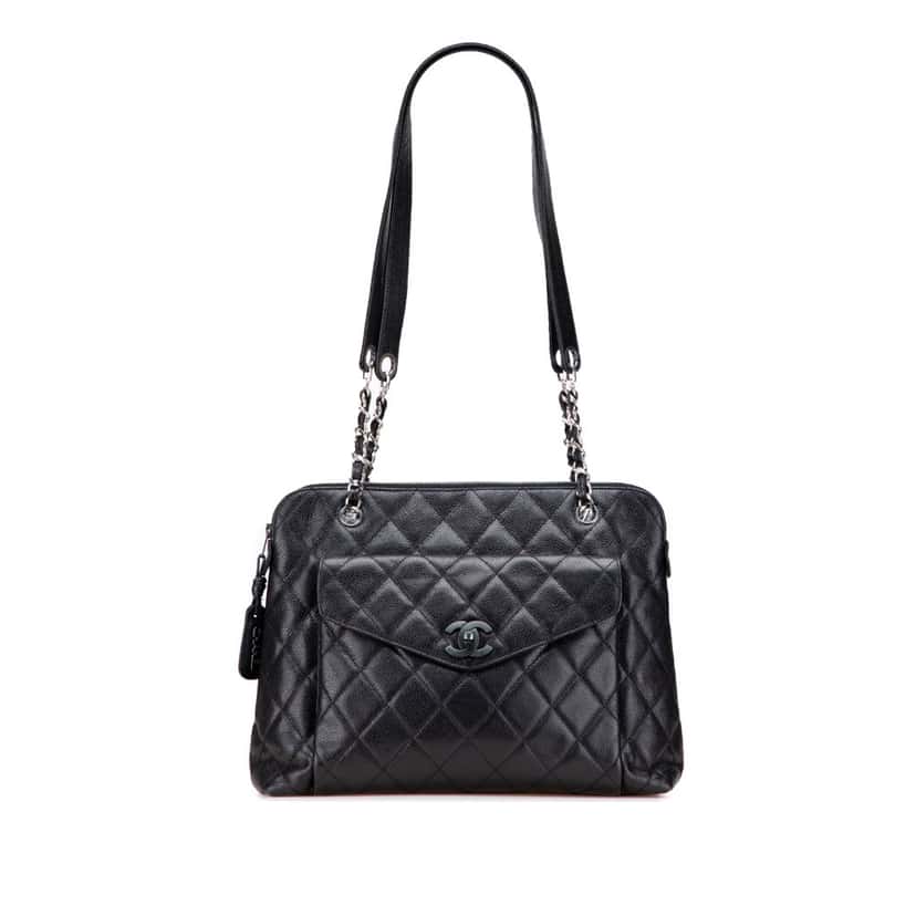 Chanel CC Quilted Caviar Front Pocket Shoulder Bag Black Leather Good condition - Front View