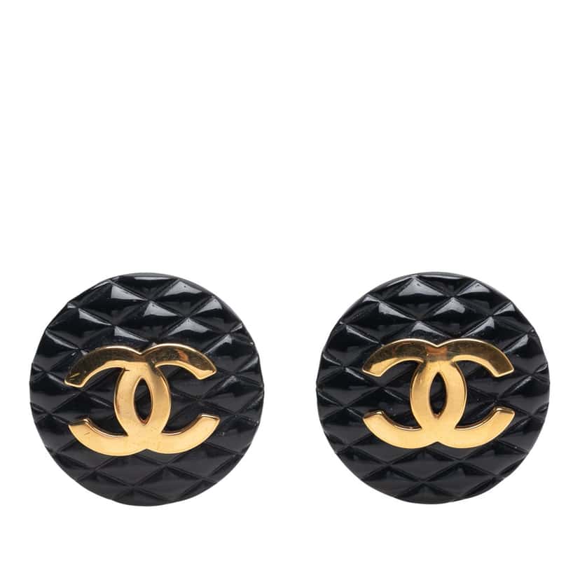 Chanel CC Resin and Gold Plated Quilted Button Clip On Earrings Black Good condition - Front View