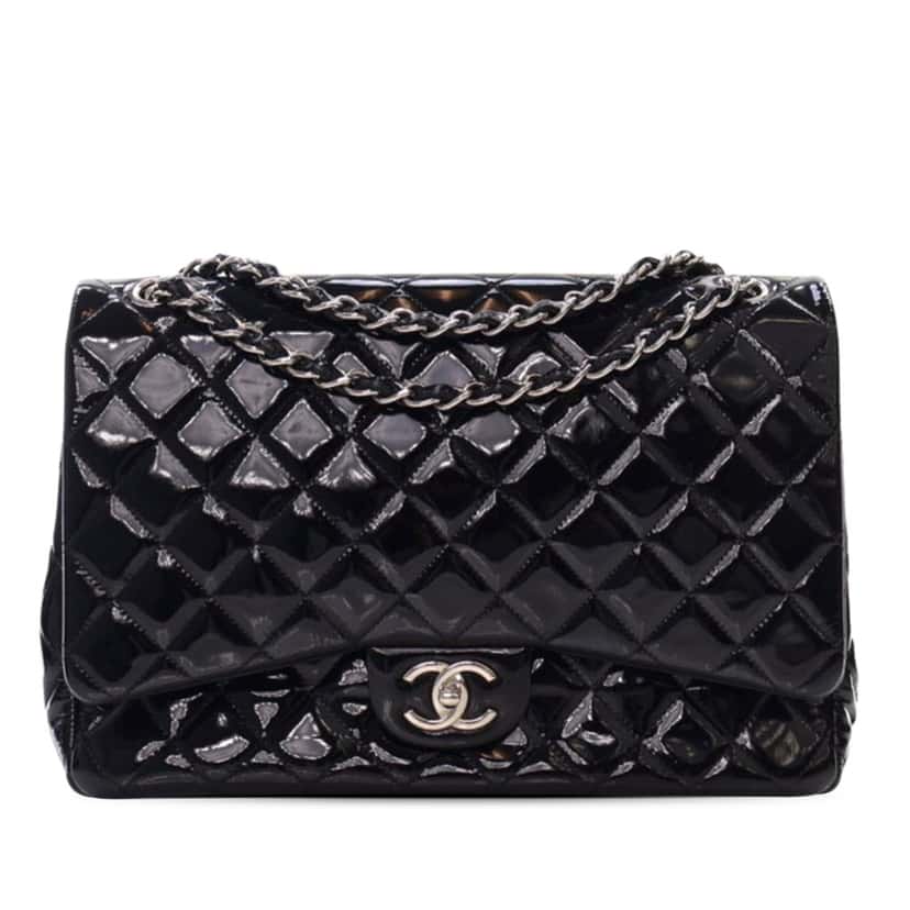 Chanel Maxi Classic Patent Double Flap Black Leather Good condition - Front View