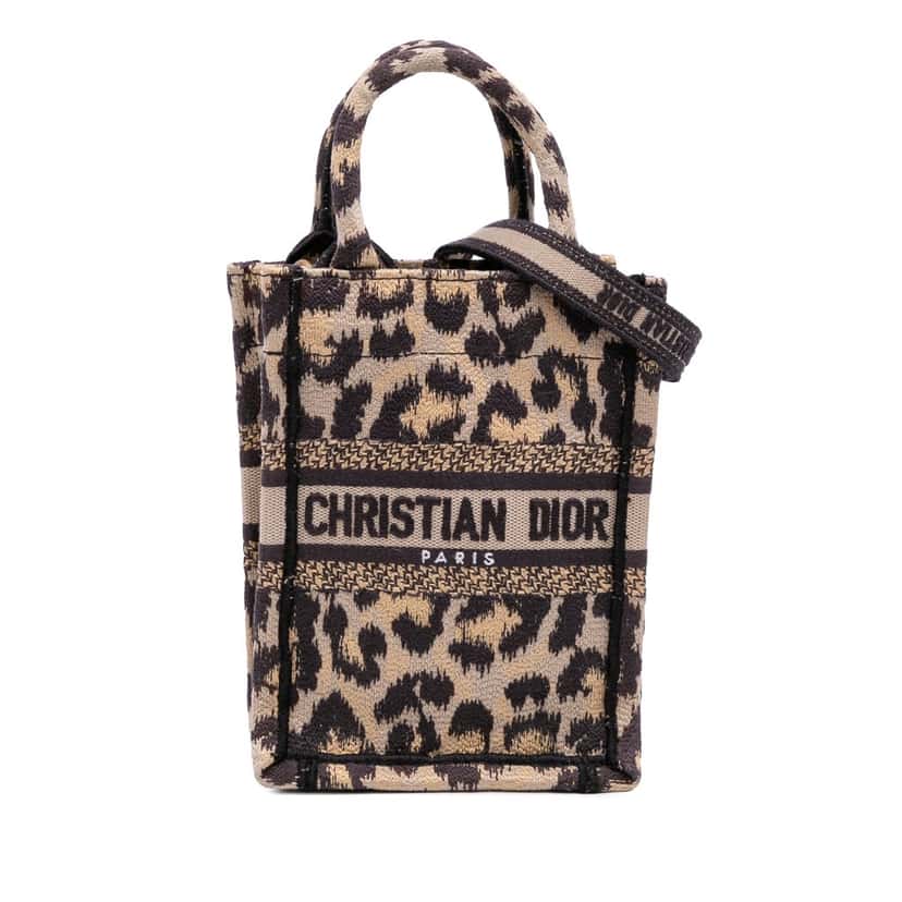 Dior Mizza Mini Embroidered Canvas Leopard Vertical Book Tote Brown Canvas Good condition - Front View