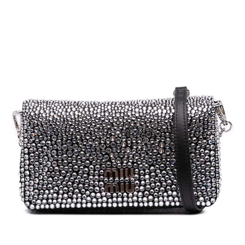Miu Miu Mini Crystal Embellished Satin Chain Crossbody Black Satin Good condition - Front View