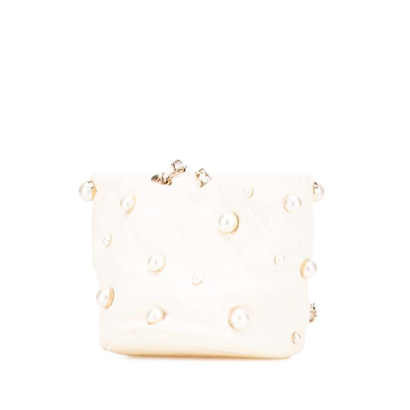 Chanel Mini Quilted Lambskin About Pearls Drawstring Bucket Bag White Leather Good condition - Back View