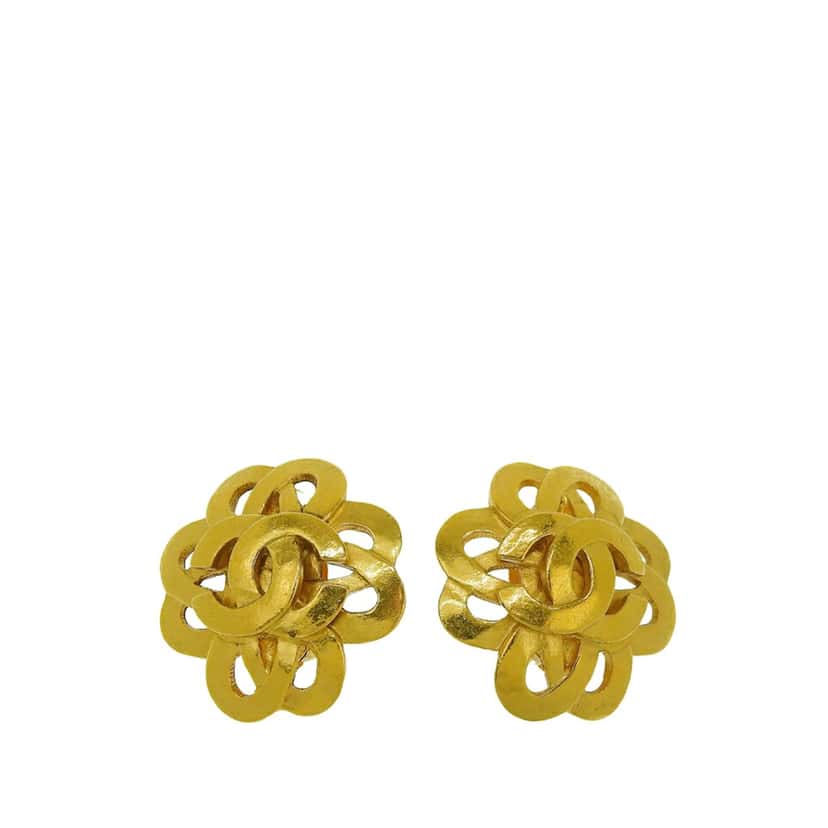 Chanel Gold Plated CC Flower Clip On Earrings Gold Metal Good condition - Front View