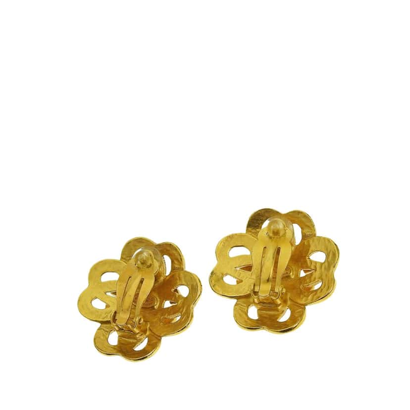 Chanel Gold Plated CC Flower Clip On Earrings Gold Metal Good condition - Back View